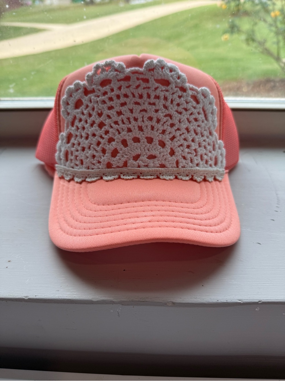 Coral Pink Doily Trucker Hat